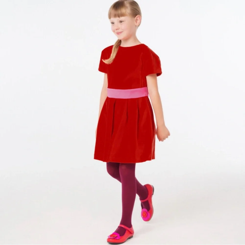 Jacadi Girls Philippine Dark Orange Pleated Velvet Holiday Dress w/ Pink Bow